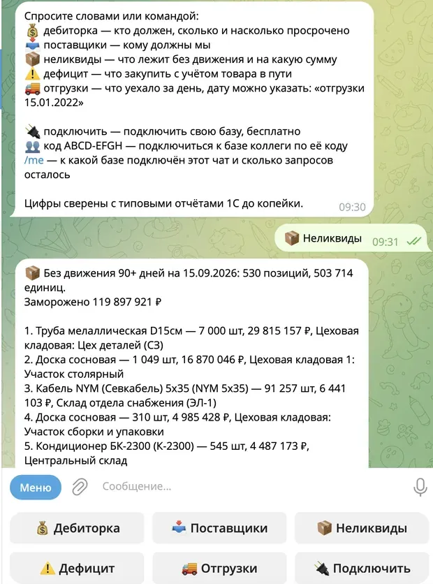 Чат с ботом tm.hub в Telegram: отчёт о неликвидах из 1С и кнопки «Дебиторка», «Поставщики», «Отгрузки»